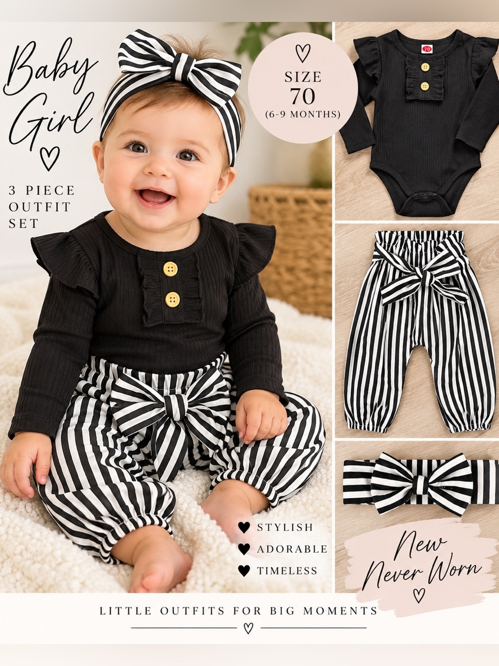 Baby Girl Black & White Striped 3-Piece Outfit Set Size 70 / 6-9M NWOT